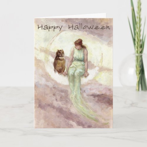 Witch and Owl on the Moon Vintage Halloween Card