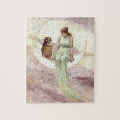 Witch and Owl on the Moon Vintage Halloween Jigsaw Puzzle