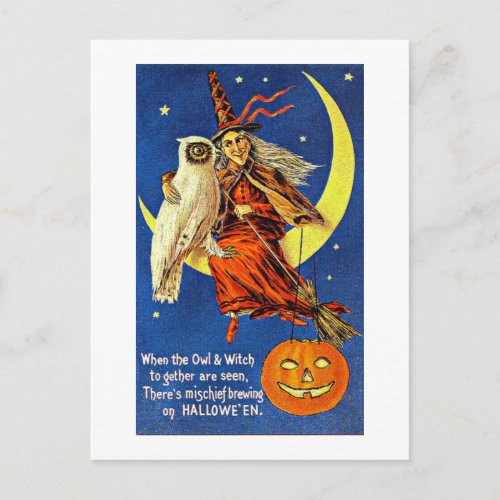 Witch and Owl on the Moon Vintage Halloween Postcard