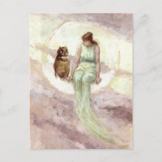 Witch and Owl on the Moon Vintage Watercolor Postcard