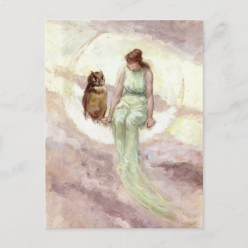 Witch and Owl on the Moon Vintage Watercolor Postcard