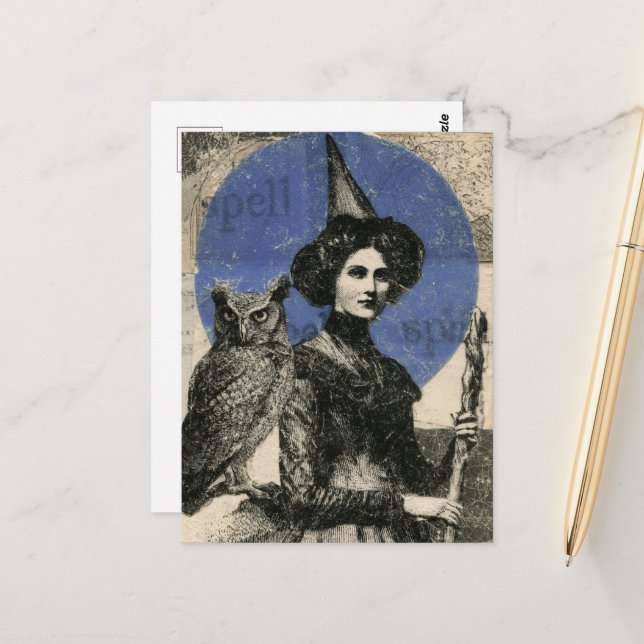 Witch and Owl Retro Spell Collage Postcard (Front/Back In Situ)