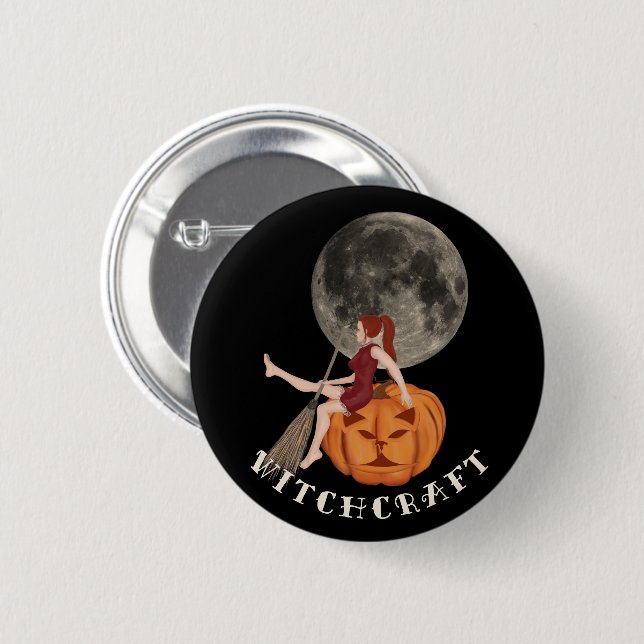 Witch and pumpkin. Witchcraft for Halloween Button (Front & Back)