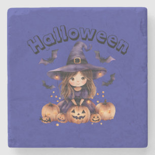 Witch and Pumpkins Halloween Wall Clock Stone Coaster