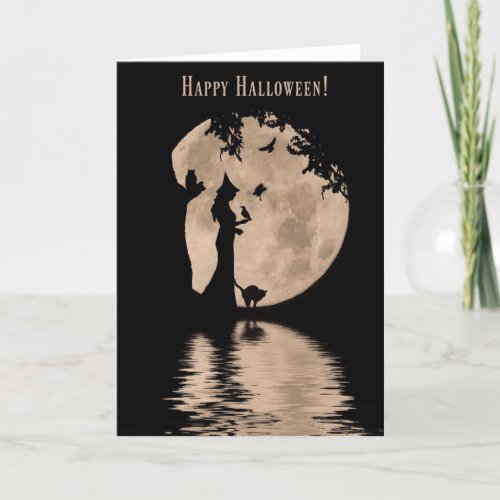 Witch and Ravens Black Cat and Owl Happy Halloween Card