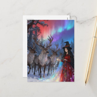 Witch and Reindeer Northern Lights Holiday Postcard