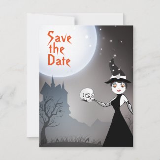 Witch and Skull Couple Full Moon Halloween Wedding Save The Date