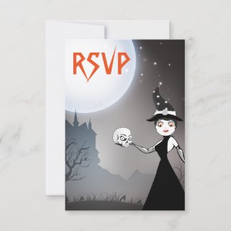 Witch and Skull Couple Wedding RSVP Cards