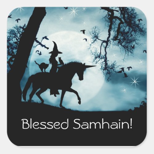 Witch and Unicorn with Blessed Samhain  Square Sticker