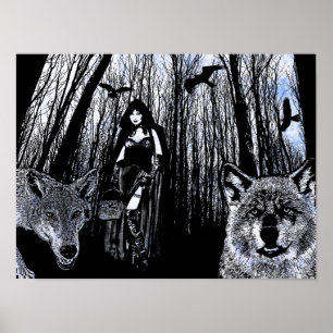 Witch and werewolves in the forest silhouette art poster