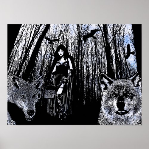 Witch and werewolves in the forest silhouette art poster