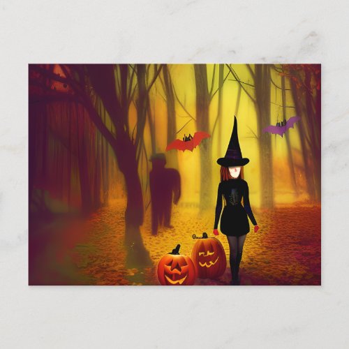 Witch and Zombie in the Woods Halloween Party   Postcard