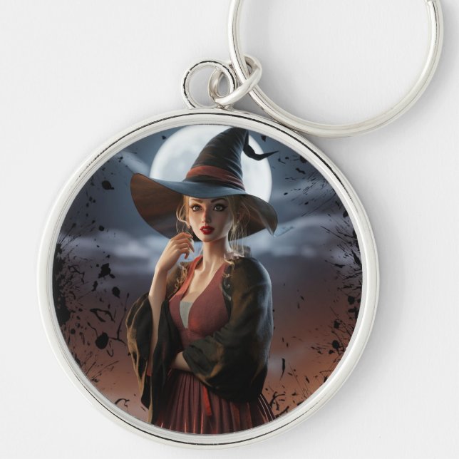 Witch Art Full Moon Coaster Keychain (Front)