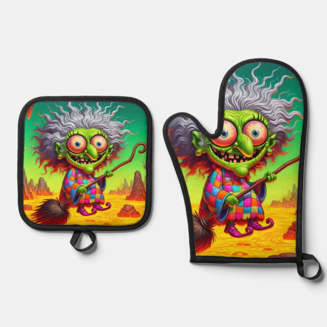 Witch Art Oven Mitt & Pot Holder Set (Front)