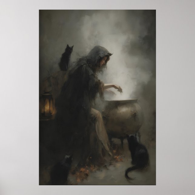 Witch at Cauldron Art Printable Gothic Witchcraft Poster (Front)
