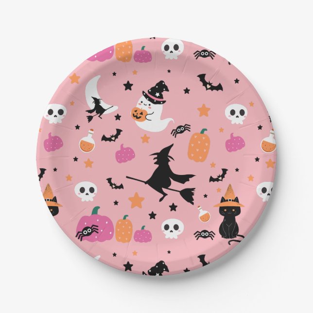 Witch Bats Spiders Ghost Pumpkin Halloween Pattern Paper Plates (Front)