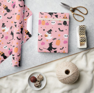 Witch Bats Spiders Ghost Pumpkin Halloween Pattern Wrapping Paper