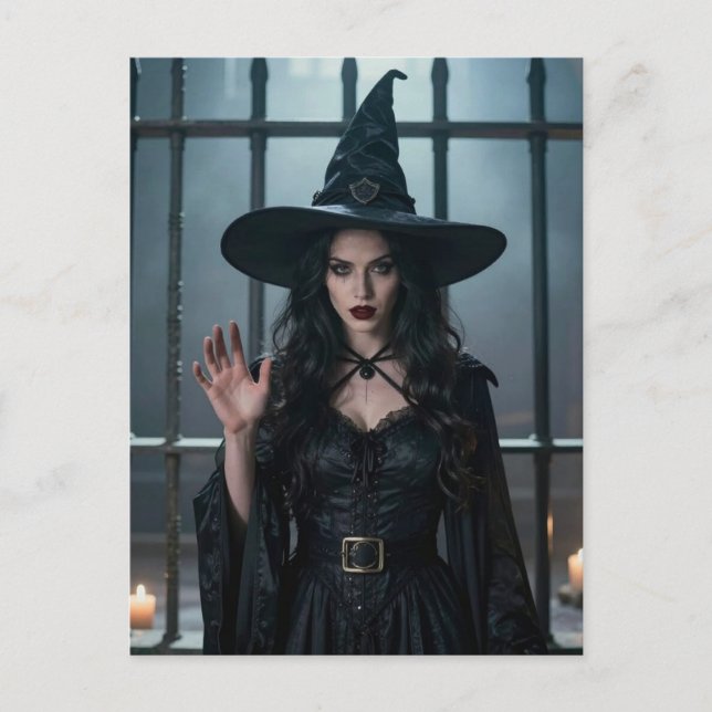 Witch behind bars because she commented crime postcard (Front)
