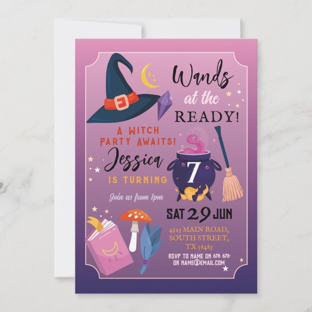 Witch Birthday Party Wands At The Ready Girls Invitation (Front)