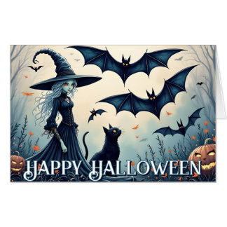 Witch, Black Cat and Bats in Twilight Sky Card