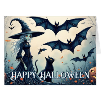 Witch, Black Cat and Bats in Twilight Sky Card