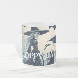Witch, Black Cat and Bats in Twilight Sky Frosted Glass Coffee Mug