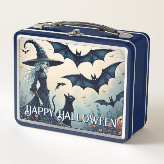 Witch, Black Cat and Bats in Twilight Sky Metal Lunch Box