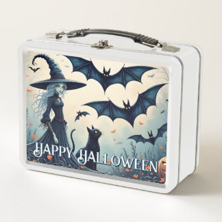 Witch, Black Cat and Bats in Twilight Sky Metal Lunch Box