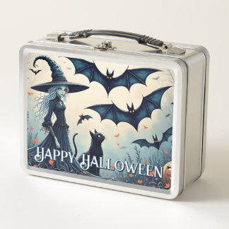 Witch, Black Cat and Bats in Twilight Sky Metal Lunch Box