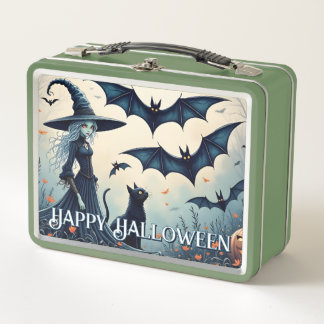 Witch, Black Cat and Bats in Twilight Sky Metal Lunch Box