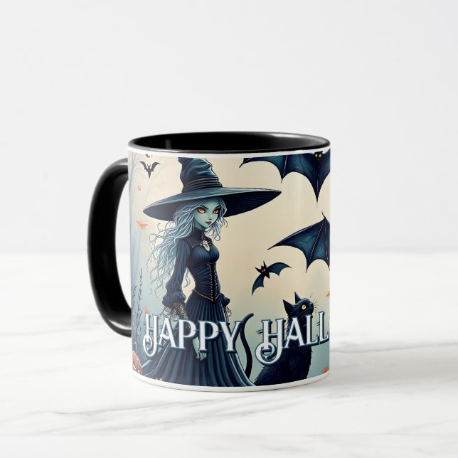 Witch, Black Cat and Bats in Twilight Sky Mug (Front Left)