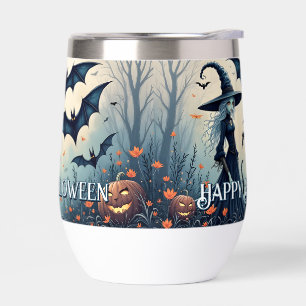 Witch, Black Cat and Bats in Twilight Sky Thermal Wine Tumbler