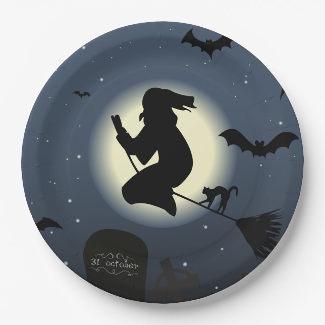 Witch, Black cat and Bats Paper Plates (Front)