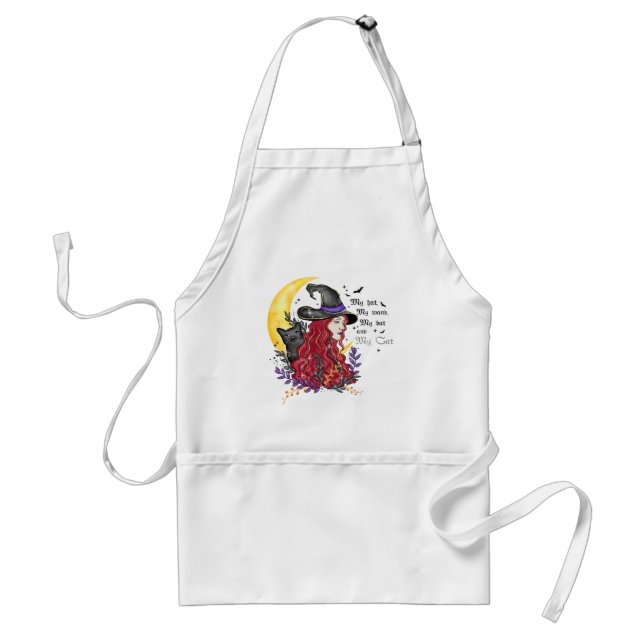 Witch, Black Cat and Crescent Moon Adult Apron (Front)