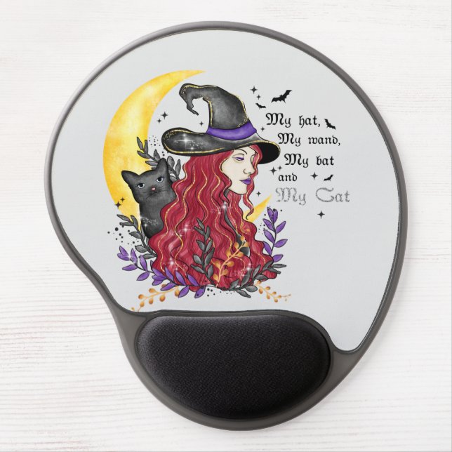 Witch, Black Cat and Crescent Moon Gel Mouse Pad (Front)