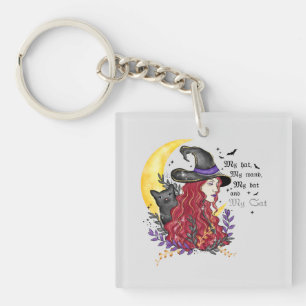 Witch, Black Cat and Crescent Moon Keychain
