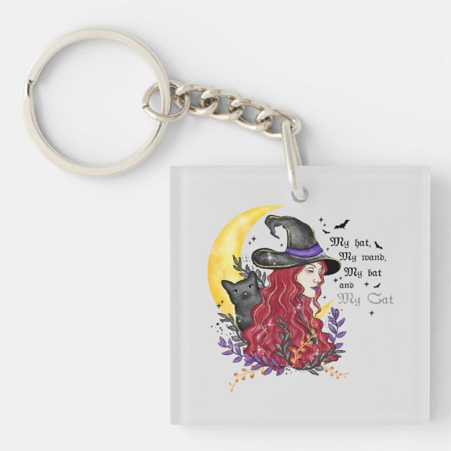 Witch, Black Cat and Crescent Moon Keychain (Front)