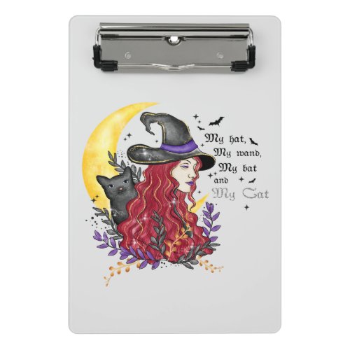 Witch Black Cat and Crescent Moon Mini Clipboard