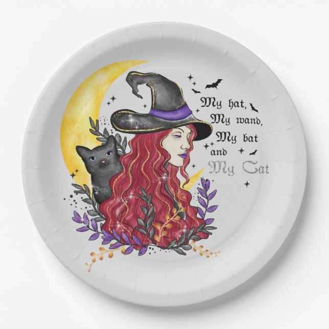 Witch, Black Cat and Crescent Moon Paper Plates (Front)