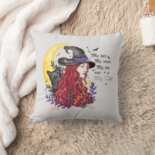 Witch Black Cat and Crescent Moon Throw Pillow
