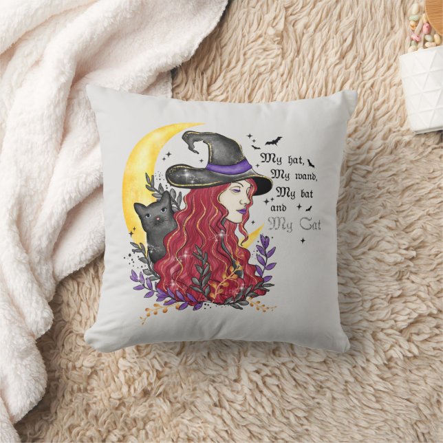 Witch, Black Cat and Crescent Moon Throw Pillow (Blanket)