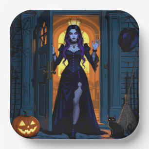 Witch, Black Cat and Jack-O-Lantern Halloween Paper Plates