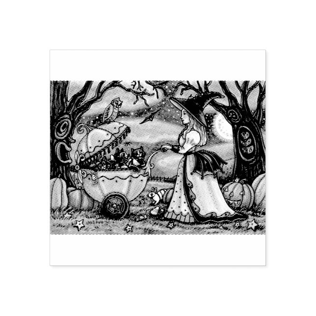WITCH, BLACK CAT BABY BUGGY HALLOWEEN RUBBER STAMP (Imprint)