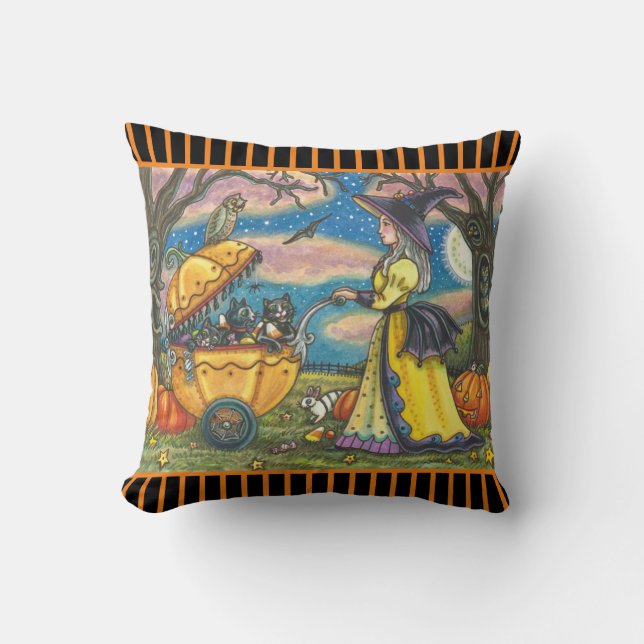 WITCH, BLACK CAT BABY BUGGY HALLOWEEN THROW PILLOW (Front)