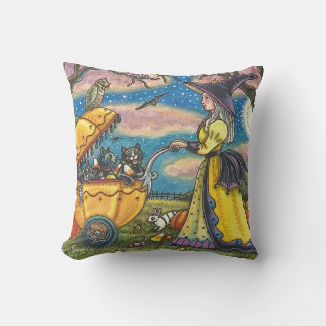 WITCH, BLACK CAT BABY BUGGY HALLOWEEN THROW PILLOW (Front)
