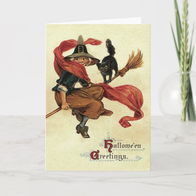 Witch Black Cat Broom Card (Front)