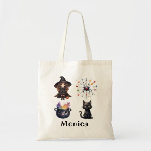 Witch Black Cat Cauldron Witchcraft Halloween Name Tote Bag