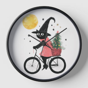 Witch Black Cat Cycling at Night Spooky Christmas Clock