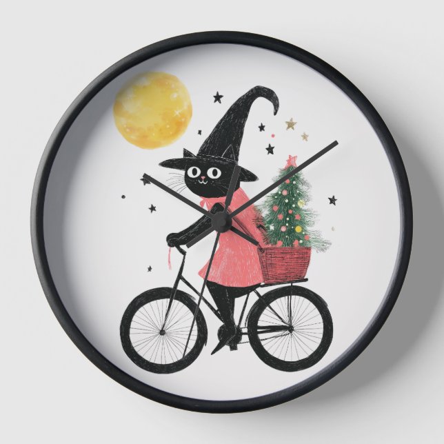 Witch Black Cat Cycling at Night Spooky Christmas Clock (Front)