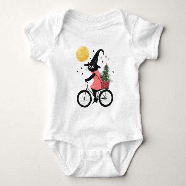 Witch Black Cat Cycling Cute and Spooky Christmas Baby Bodysuit (Front)
